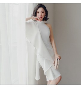 少女禮服裙半高領單肩及膝裙