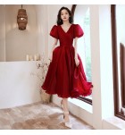少女禮服裙V領泡泡袖中長裙