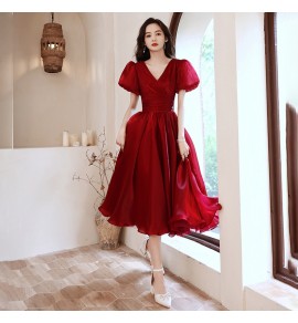 少女禮服裙V領泡泡袖中長裙