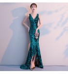 少女禮服裙V領魚尾小拖尾長裙