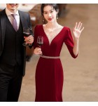 晚裝禮服裙V領亮片長裙