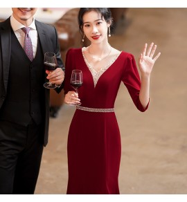 晚裝禮服裙V領亮片長裙