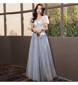女裝禮服裙方領泡泡袖長裙