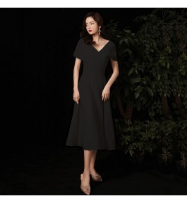 少女禮服裙V領包肩短袖中長裙