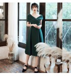 少女禮服裙V領包肩短袖中長裙
