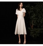 少女禮服裙V領包肩短袖中長裙