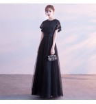 女裝禮服裙蕾絲圓領收腰長裙