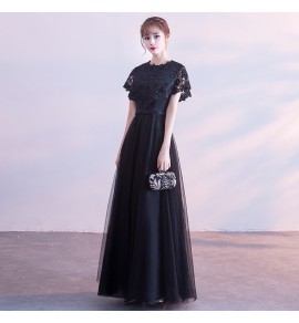 女裝禮服裙蕾絲圓領收腰長裙
