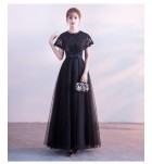 女裝禮服裙蕾絲圓領收腰長裙