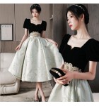晚裝禮服裙方領泡泡袖中長裙