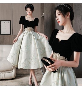 晚裝禮服裙方領泡泡袖中長裙