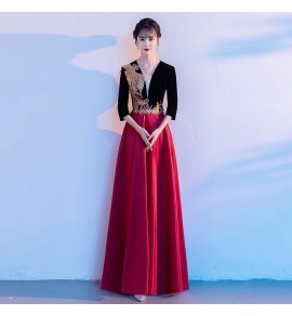 晚裝禮服裙V領酒紅色長裙
