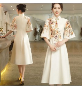 女裝禮服裙立領貼花開叉中長裙