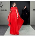 晚裝禮服裙圓領網紗披肩袖長裙