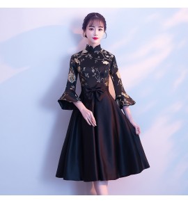 少女禮服裙立領刺繡中長裙
