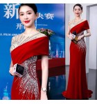 晚裝禮服裙圓領斜肩收腰魚尾裙