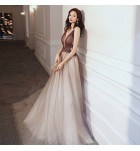 晚裝禮服裙V領露背長裙