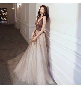 晚裝禮服裙V領露背長裙