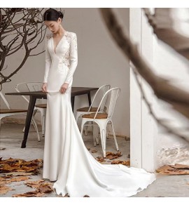 婚紗禮服裙深V領透視蕾絲花拖尾長裙