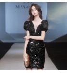 女裝連身裙V領亮片泡泡袖短禮服裙