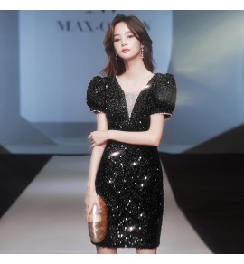 女裝連身裙V領亮片泡泡袖短禮服裙
