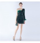 少女禮服裙鴕鳥毛單肩袖晚宴短裙