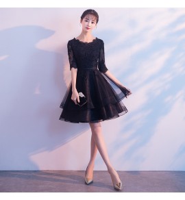 少女禮服裙圓領蕾絲中袖短裙