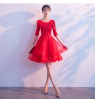 少女禮服裙圓領蕾絲中袖短裙