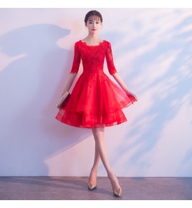 少女禮服裙圓領蕾絲中袖短裙