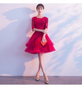少女禮服裙圓領蕾絲中袖短裙