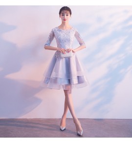 少女禮服裙圓領蕾絲中袖短裙