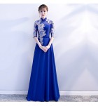 女裝禮服裙立領透視蕾絲中袖長裙