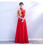 女裝禮服裙立領透視蕾絲中袖長裙