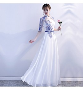 女裝禮服裙立領透視蕾絲中袖長裙