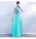 女裝禮服裙立領透視蕾絲中袖長裙