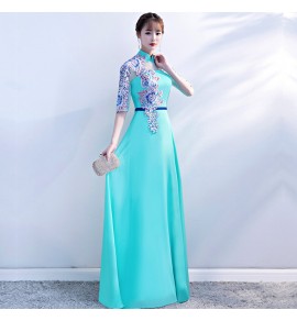 女裝禮服裙立領透視蕾絲中袖長裙