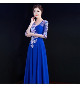 女裝禮服裙透視蕾絲領中袖長裙