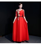 女裝禮服裙透視蕾絲領中袖長裙
