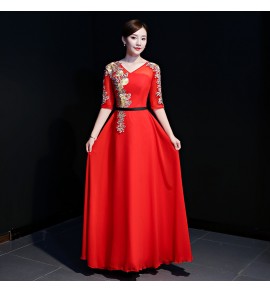 女裝禮服裙透視蕾絲領中袖長裙