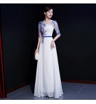 女裝禮服裙透視蕾絲領中袖長裙