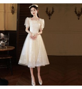 少女禮服裙方領泡泡袖中長裙