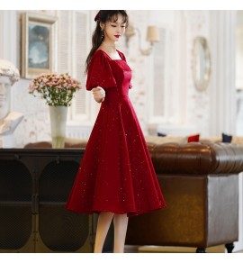 少女禮服裙方領泡泡袖中長裙