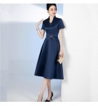 少女禮服裙立領蕾絲V領中長裙