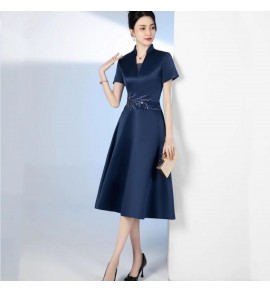 少女禮服裙立領蕾絲V領中長裙