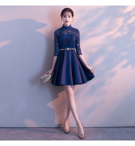 少女禮服裙立領透視網紗中袖短裙