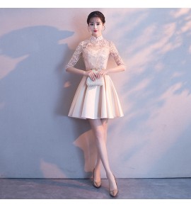 少女禮服裙立領透視網紗中袖短裙