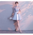 少女禮服裙立領透視網紗中袖短裙