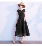 少女禮服裙V領短袖蕾絲中長裙