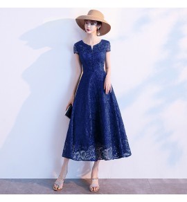 少女禮服裙V領短袖蕾絲中長裙
