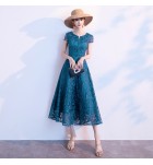 少女禮服裙V領短袖蕾絲中長裙